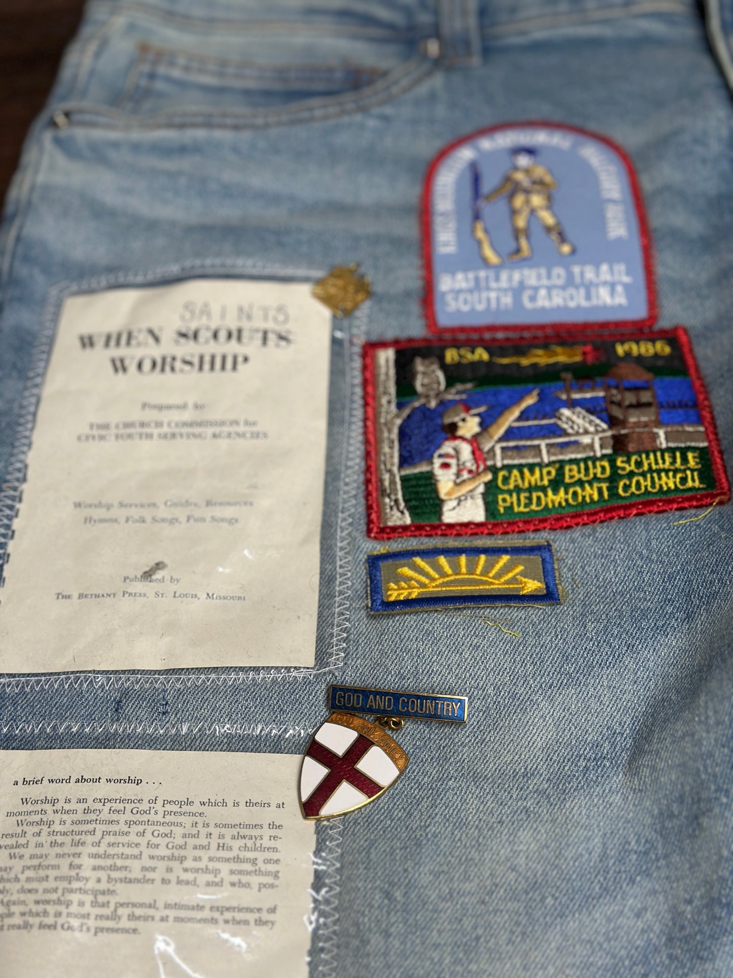 “Saints Honor” Patchwork Denim