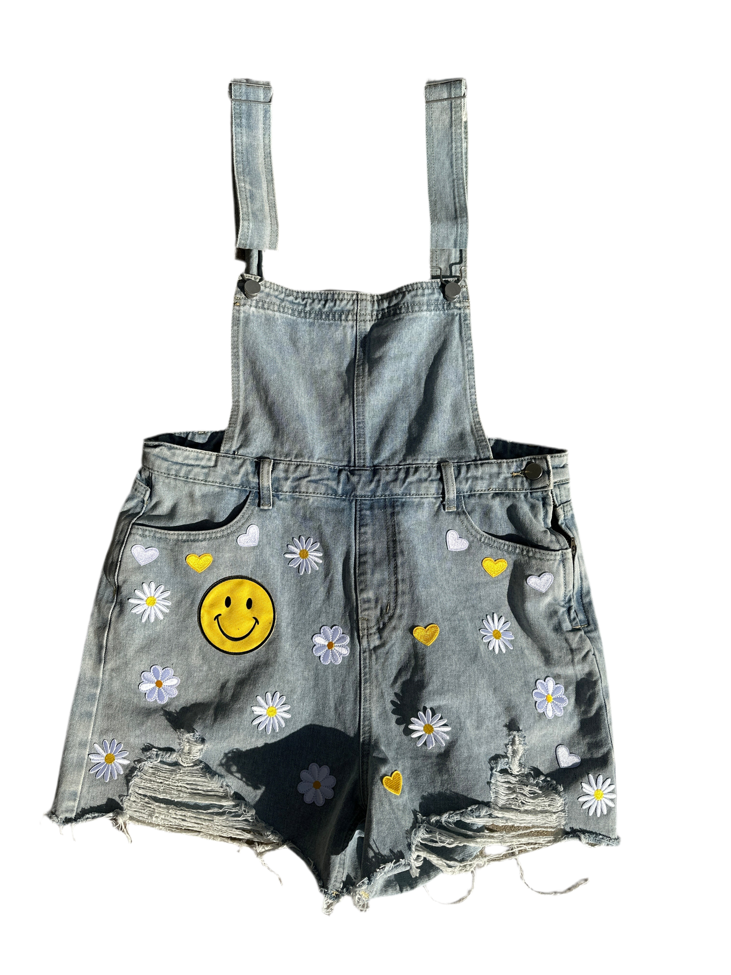Denim Overall Shorts with Smileys