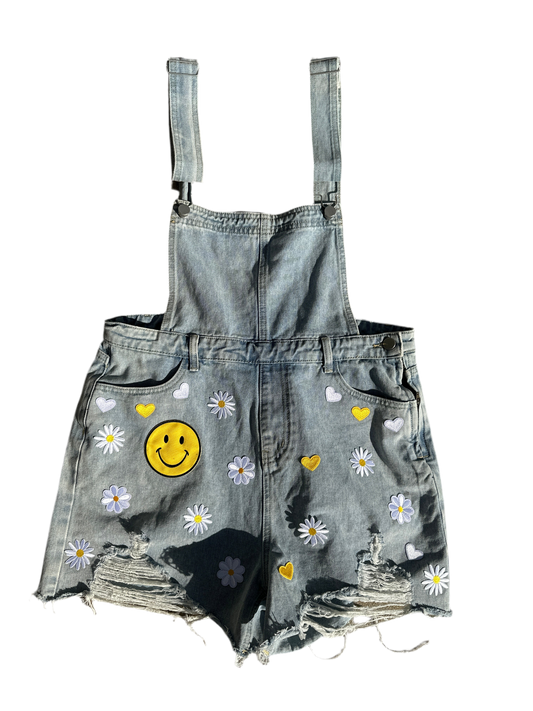 Denim Overall Shorts with Smileys