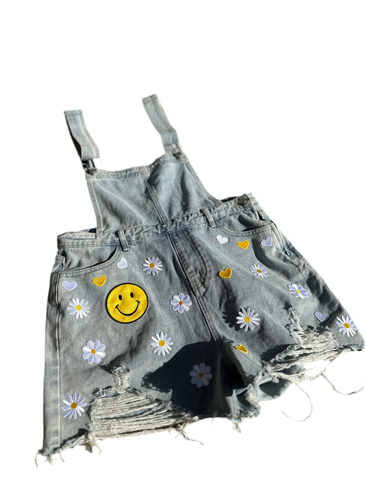 Denim Overall Shorts with Smileys